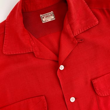 1940's Rayon Shirt - McGREGOR LABEL - Light Weight Red Rayon - Flap-Patch Pockets - Top Stitching - Loop Collar - Men's Size ML 