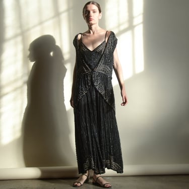3167d / black layered art deco silk beaded dress 