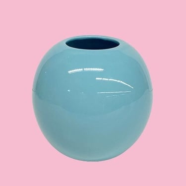 Vintage Vase Retro 1990s Contemporary + Light Blue + Ceramic + Porcelain + Round Shape + Flower and Plant Display + Modern Home Decor 