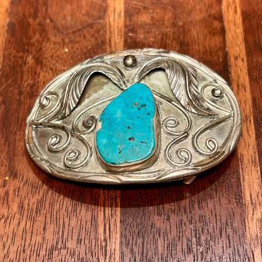 Vintage Silver Tone Belt Buckle Turquoise Cowboy Western Retro Fashion  AS IS 