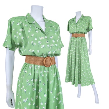 Vintage Green Floral Dress, Medium, 1940s Style Shirt Dress with Long Flared Skirt 