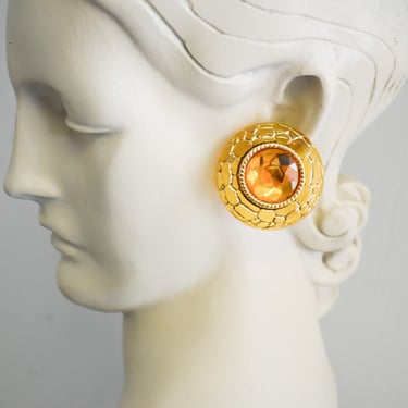 1980s Large Orange Rhinestone Plastic Pierced Earrings 