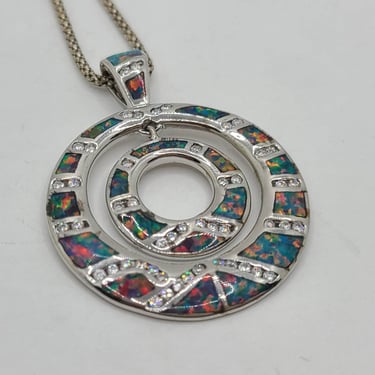 Faux Fire Opal Inlaid Sterling Silver Double Circle Pendant on 20" Sterling Silver Chain 