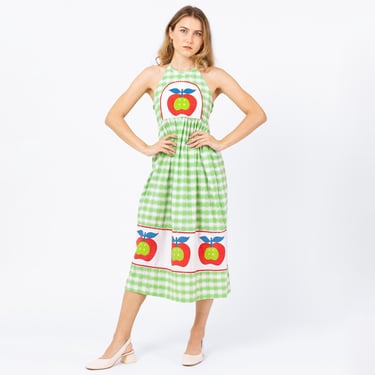Vintage 70s Green Gingham Apple Print Sundress - Petite XS | Boho Novelty Summer Picnic Dress, Seersucker Cottagecore Halter Midi Dress 