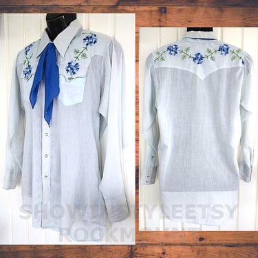 Rockmount Ranch Wear Vintage Western Men's Cowboy, Rodeo Shirt, Pale Blue with Embroidered Flowers, Approx. XLarge (see meas. photo) 