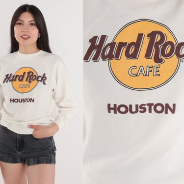 Hard Rock Cafe Sweatshirt 90s Houston Texas Graphic Shirt Retro Tourist Pullover Sweater Raglan Sleeve Graphic Tee White Vintage 1990s Small 