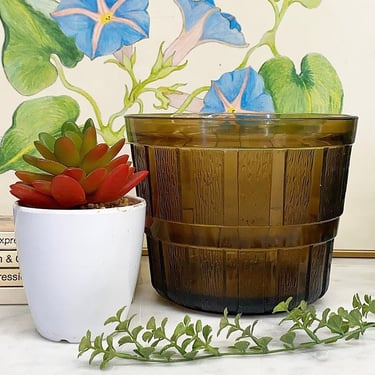 Vintage Planter Retro 1970s Bohemian + Amber Brown + Glass + 6&quot; Diameter + Basket Weave Design + Plant and Flower Display + Boho Home Decor 