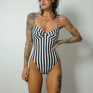 1990's Black Striped High Cut Swimsuit