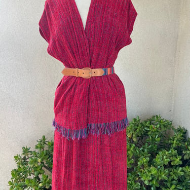 Vintage boho knit skirt & wrap top or vest red purple S/M fringe hand woven 