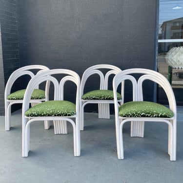 White Rattan Chairs with Green Velvet Leaf Pattern