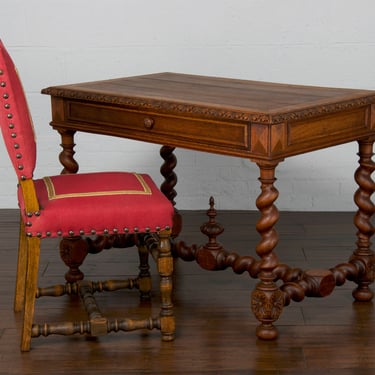 19th Century French Louis XIII Provincial Barley Twist Oak Writing Desk W/ Chair - A Pair 