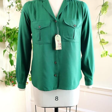 Vintage 1970s Blouse | 70s Deadstock FRENCH CONNECTION Green Rayon Long Sleeve Button Up NWT Top | small/medium 