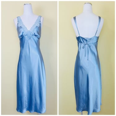 1990s Does 1930s Blue Bias Cut Slip Dress / 90s does 30s Diamond Lace Trim Nightgown / Small 