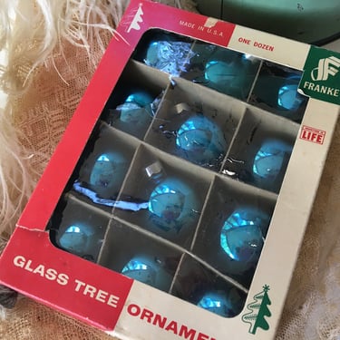 Vintage Small Blue Glass Ornaments By Franke, Christmas Tree Ornaments, In Original Box, One Mismatch, Made In U.S. 