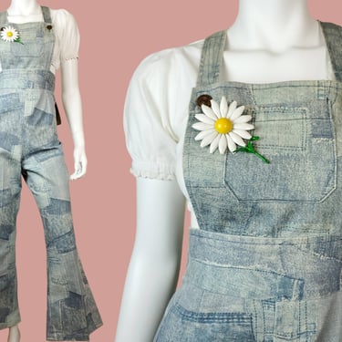 Mock denim patchwork overalls from the 60s/70s. NOS vintage with tags. Curvy fit, high rise, bell flares, criss-cross straps. (M 30) 