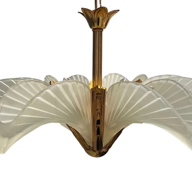 Brass and Frosted Glass Hollywood Regency Art Deco Slip Shade Chandelier