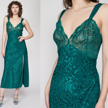 Small 80s Victoria's Secret Emerald Green Satin Jacquard Nightgown | Vintage Sheer Lace Trim Skirt Slit Negligee Nightie Maxi Slip Dress 