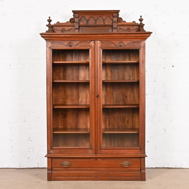 Antique Eastlake Victorian Carved Walnut Bookcase, Circa 1860s