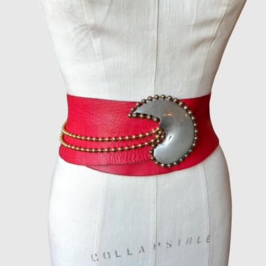 SUSAN HYMAN Vintage 80s Red Leather Statement Belt with Metal Moon Buckle | 80s 1980s Raw Leather | Gold Beads |  Mardi Gras | Size Medium 