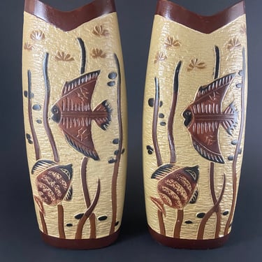 Vintage Pair of fish Vases, Glazed Ceramic Painted in beige and brown/ Unknown 