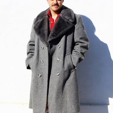 Vintage Stratojac Coat, Size 44 Men, Gray Wool, Shearling Fur Collar & Lapels, Double Breasted Overcoat 