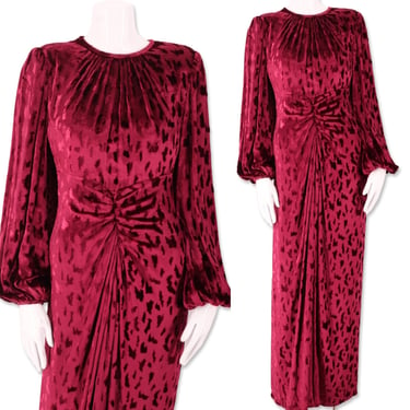 70s Oscar De La Renta silk velvet evening gown sz 4 / 1970s vintage designer dress / cranberry red maxi dress 