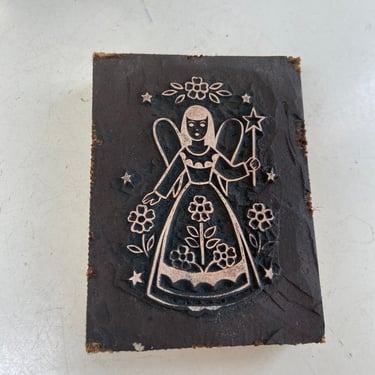 Vintage F. Weber Co. Wood linoleum letterpress printing block religious theme angel girl stars floral size print 3 1/4” x 2 1/4” 