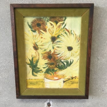 Vintage Mid Century Modern Acrylic Painting of Sunflowers And Dahlias