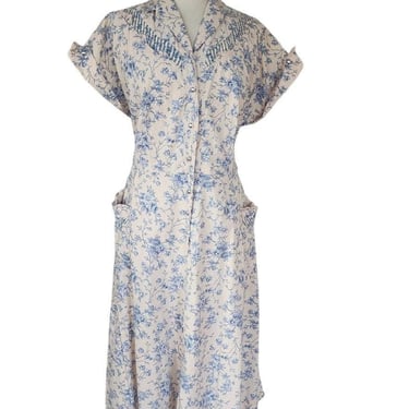 Vintage  40s Shirtdress Floral Cotton Print Pink Blue / L 