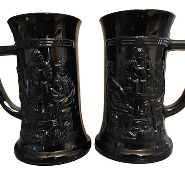 2 Vintage Indiana Glass Tiara Black Amethyst Milk Glass Tavern Scene Mugs Steins 