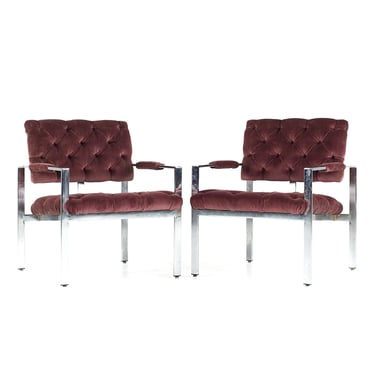 Milo Baughman for Thayer Coggin Mid Century Chrome Tufted Arm Chairs - Pair - mcm 