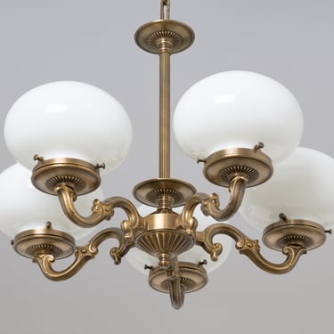 Classic Chandelier - Brass Lighting Chain Fixture - 5 Hand Blown Glass - Historic Design - Dining Room Lighting 