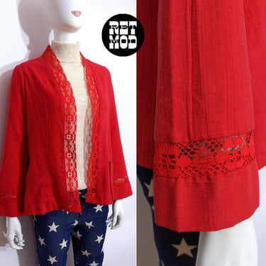 Easy Breezy Vintage 70s Red Natural Cotton Jacket Top Duster Thingy with Lace Trim & Pockets 