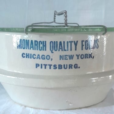 Antique Commercial Stoneware Pickle Dispenser Jar Crock Monarch Quality Foods PA NYC 