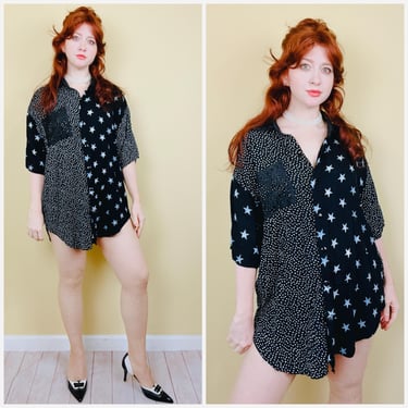 1990s Vintage Anxiety Rayon Start Print Blouse / 90s Lace Contrast Patchwork Tunic / Size 20 