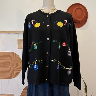 Vintage 90s Black Knit Acrylic Holiday Christmas Button Front Cardigan Sweater 