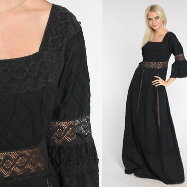 Black Maxi Dress 70s Sheer Lace Cutout Dress Retro Long High Waisted Gothic Bell Sleeve Witchy Bohemian Seventies Vintage 1970s Medium M 
