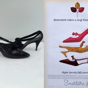Stay Lavish This Season - Vintage 1950s 1960s Black Leather Cut Out Bow Kitten Heels Shoes - 7 1/2 B 