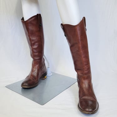 Frye Brown Leather Distressed Knee High Flat Sole Riding Boots I Sz 9 I Melissa 