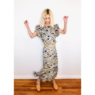 Silk Flora Kung Dress // vintage boho hippie maxi geometric party holiday formal cocktail midi 1980s 80s abstract print hippy // S Small 