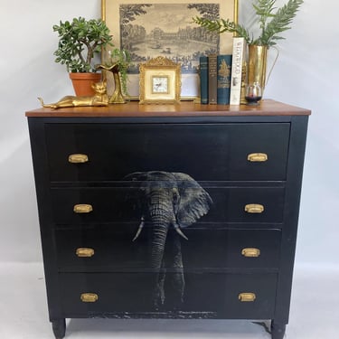 Hand painted Black and gold Elephant dresser, unique home decor, French furniture, refurbished dresser, grand millennial home decor 