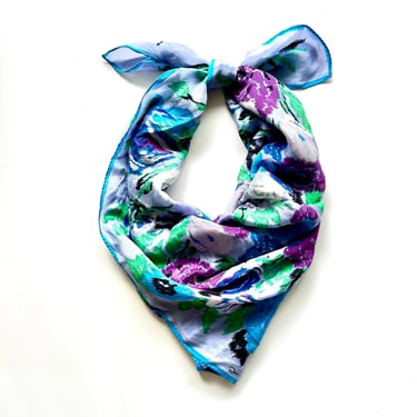 Vintage Oscar de la Renta Silk Scarf Floral White Blue Hair Accessory 