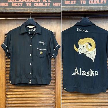 Vintage 1950’s “Nat Nast” Label Black Rayon Alaska Embroidery Bowling Top, 50’s Bowling Shirt, Vintage Athletics, Vintage Clothing 