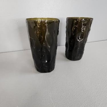 Set of 2 Smoked Black Decatur Glass Texglass Pinched Thumbprint Drinking Glasses 