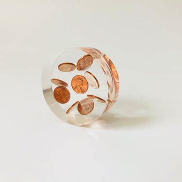 Vintage 1964 Lucite Penny Paperweight 