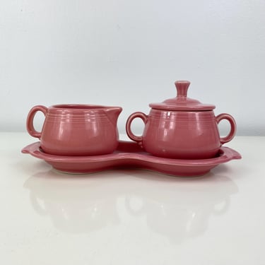 Fiestaware Original Rose Pink sugar and Creamer w/under plate set by Homer Laughlin China Co., Fiesta 1950s dinner ware, Grandmas Old Dishes 