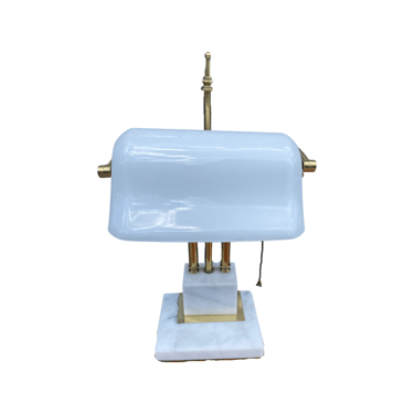 White Glass and Marble Bankers Desk Lamp