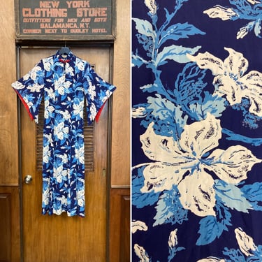 Vintage 1940’s Atomic Floral Navy Blue Silky Rayon Pake Muu Batwing Hawaiian Dress, Pake Muu, 1940’s Hawaiian Dress, Tiki Dress, 1950s Dress 