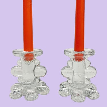 Vintage Pukeberg Sweden Candlestick Holders Retro 1970s Contemporary + Clear Glass + Set of 2 + Flower Base + Candle Display + Home Decor 