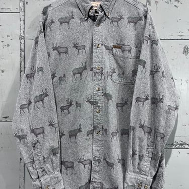 90s XL Woolrich All Over Elk Print Gray Button-UP Shirt  Fishing Outdoors Hiking Shirt Chamois 